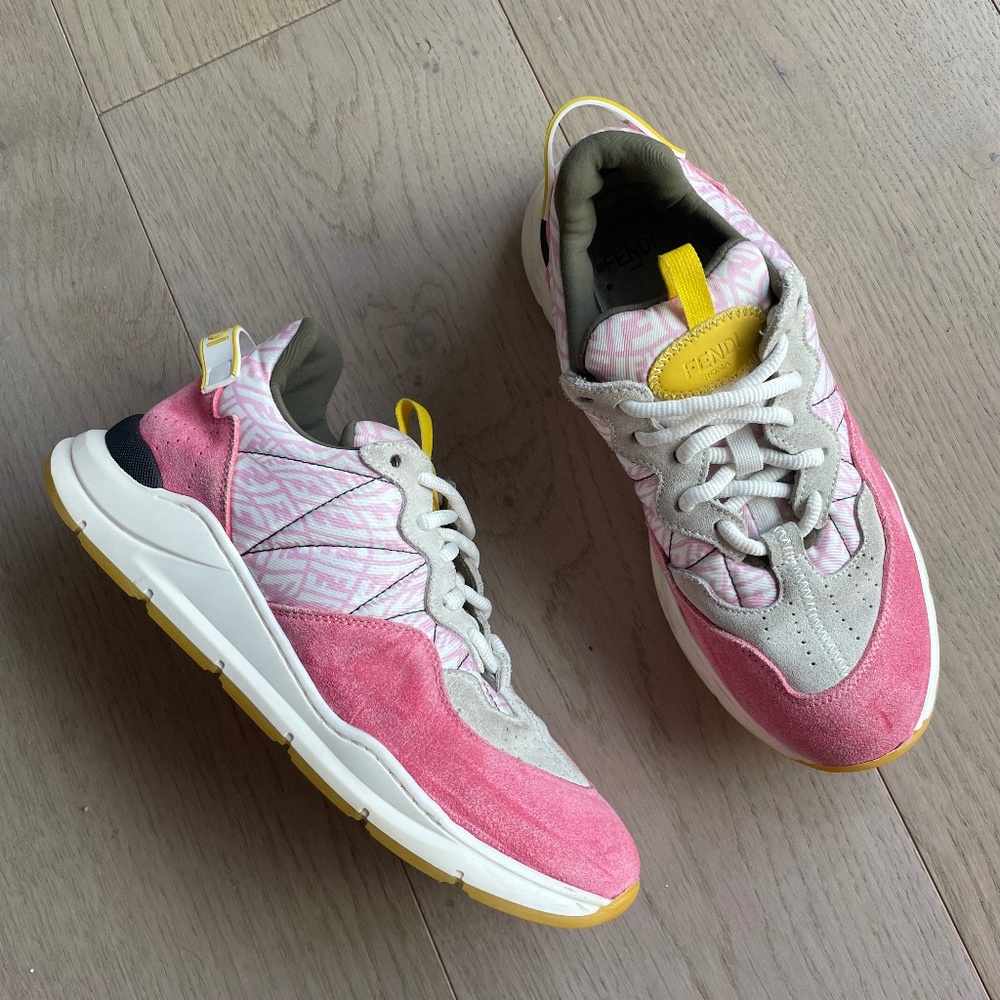 Fendi Pink Logo Suede Trainers, IT 37, US 6, Yellow Accent Womens Shoes
